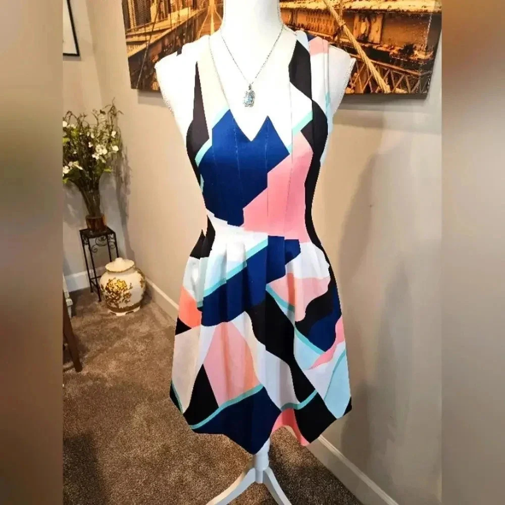 Geo-Print Sleeveless Fit & Flare Dress in Blue, Pink and Black